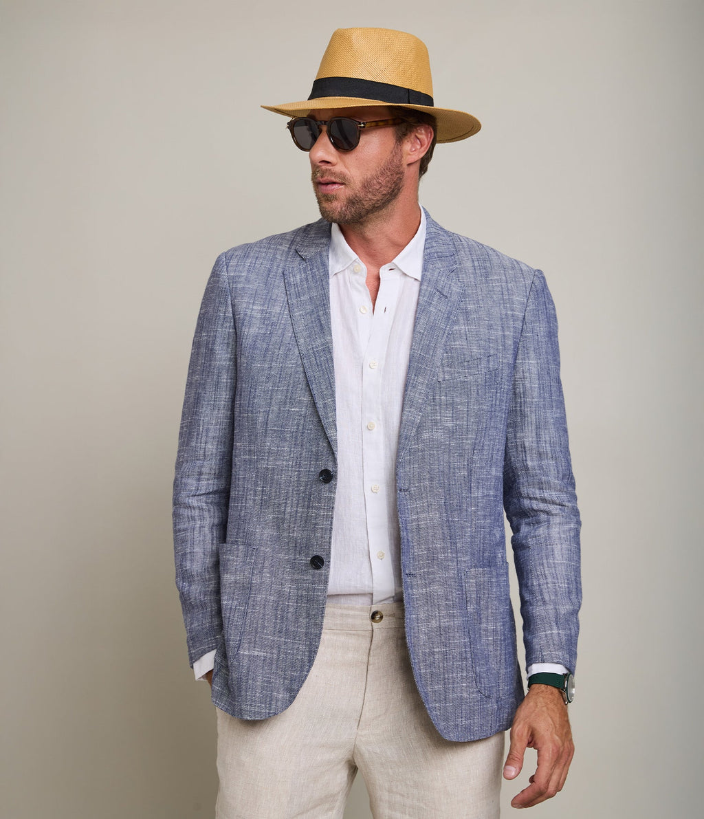 Blazer Hombre 100% Lino Azul Melange