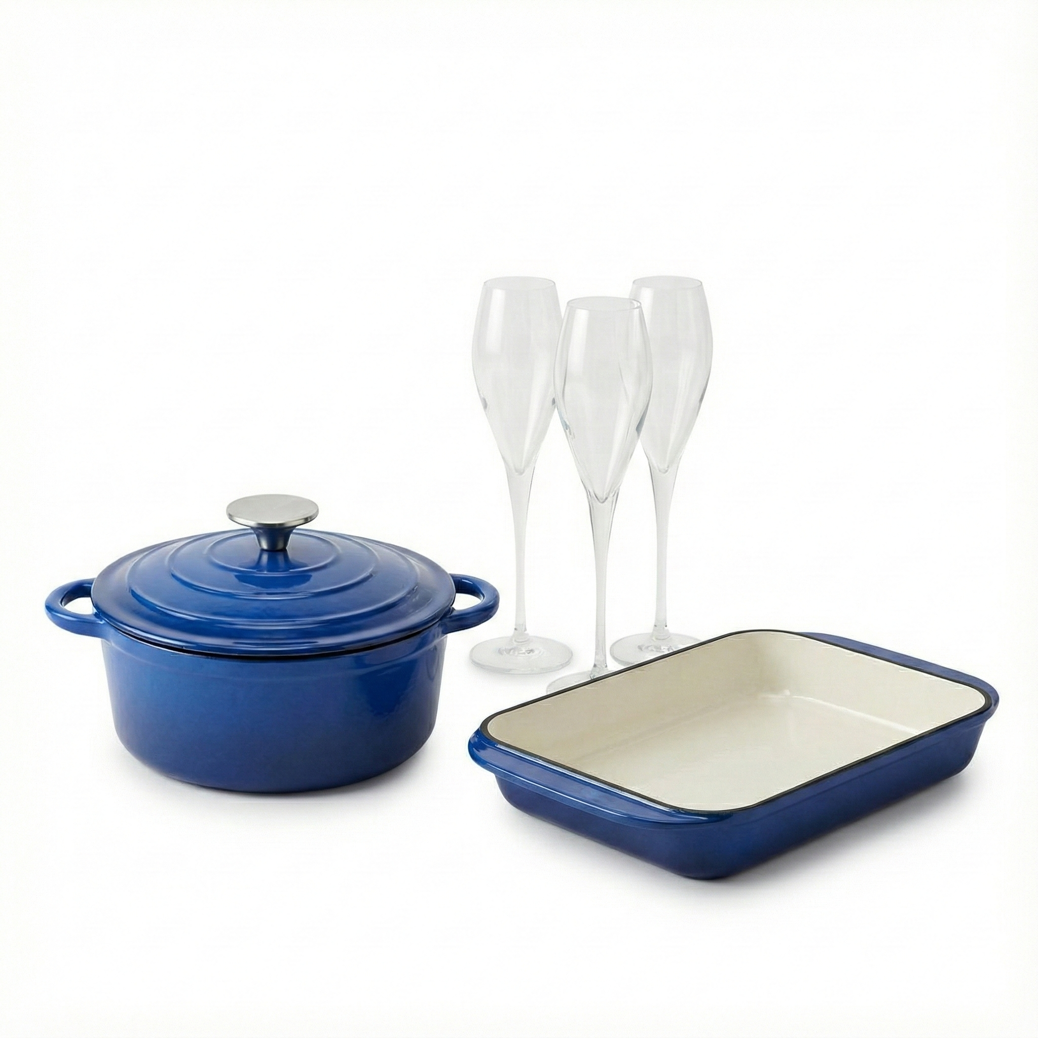 Pack Cena de Fin de Año: Brindis & Sabor Ferél (Olla 3L + Asadera Rectangular + 6 Copas Champagne Monte Carlo)