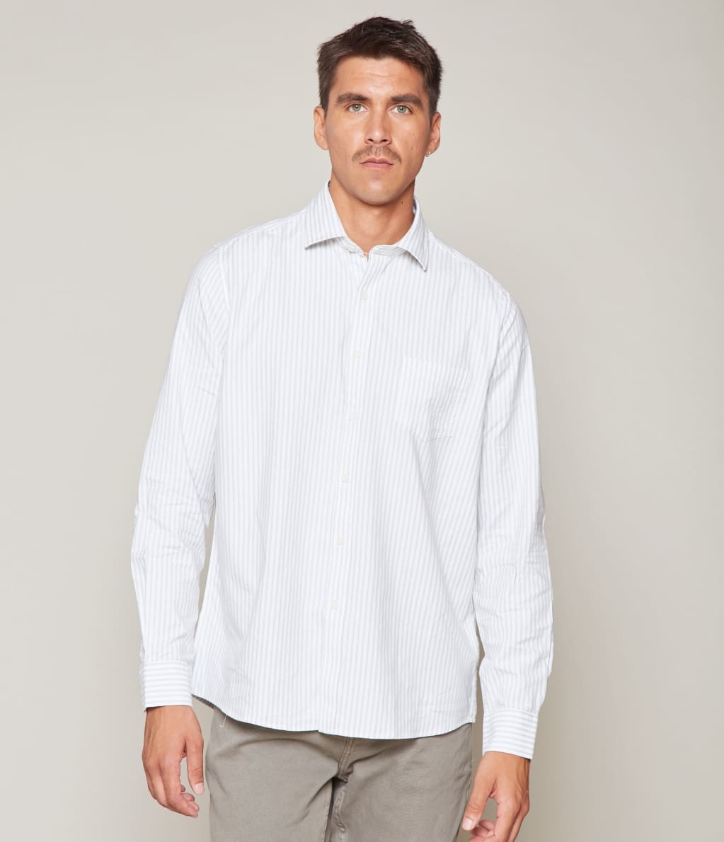 Camisa Hombre Algodón Oxford M/Larga Rayas Verde